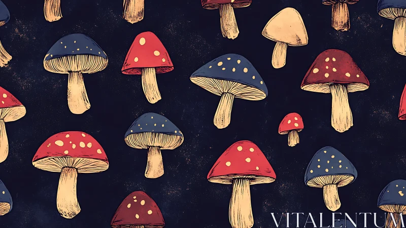 Whimsical stylized mushroom pattern on deep night ground.