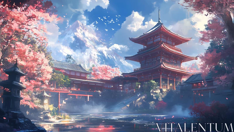 Cherry blossom pagoda dreaming beneath a snowcapped titan.