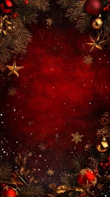 Red Christmas background with gold ornaments and pine branches.