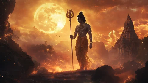 Divine figure with trident before full moon and temple.