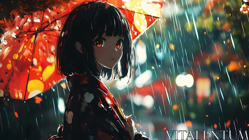 Rain-lit anime girl under red umbrella with bokeh city backdrop