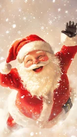 Joyful red-suited Santa in dynamic snowfall illumination.