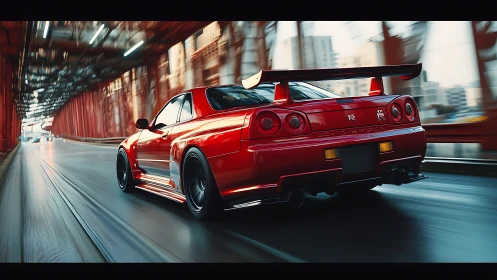 Red sports car racing through urban bridge tunnel at speed.