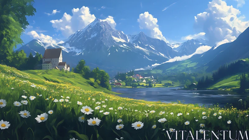 Mountain lake valley with village, houses and flower meadow.