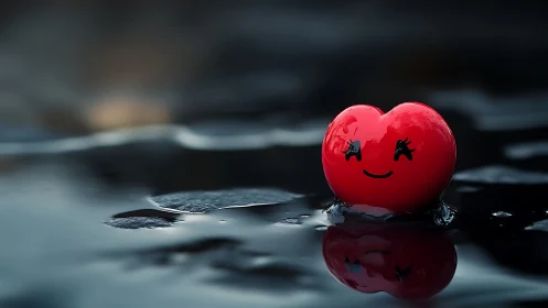 A joyful red heart character finds happiness in puddles