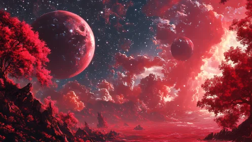 Crimson twin moons drifting over scarlet dreamshore worlds.