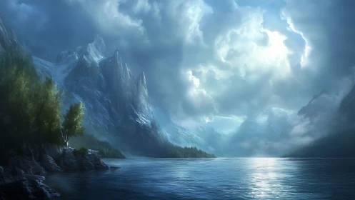 Majestic glacial peaks tower above luminous alpine lake.