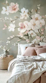 Soft tonal bedroom with oversized botanical mural wall art.