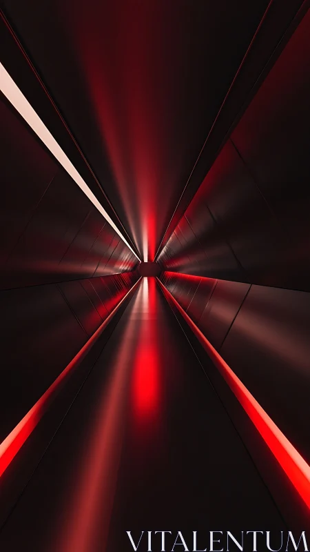 Symmetrical red-lit tunnel recedes with strong linear depth