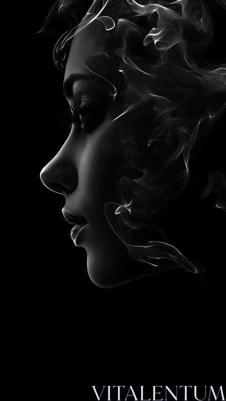 Monochrome female profile fused with fluid smoke dynamics.