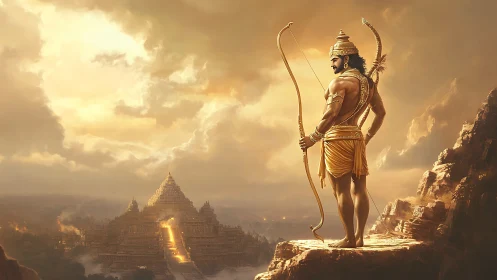 Archer guardian surveys a golden temple beneath stormlit skies