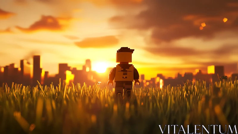 Tiny plastic wanderer contemplates a glowing brick-built dawn