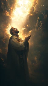 Cleric in robes under radiant cloudbound apparition.