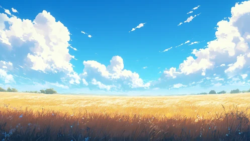 Digital landscape depicts wheat field under cumulus clouds