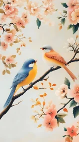 Pastel songbirds perched amid stylized blooming cherry branches