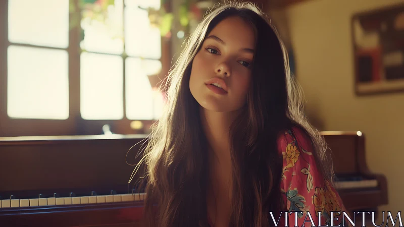 Soft sunlight frames young woman by piano in warm room.