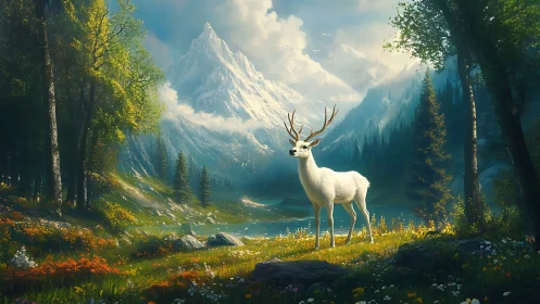 Mountainborn white stag guarding a sunlit mythic valley.