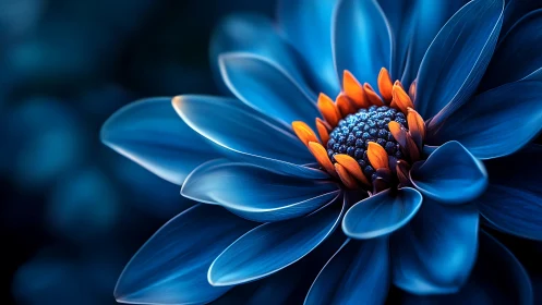 Blue Petaled Flower with Vibrant Orange Stamens. Digital Macro Study.