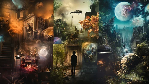 Surreal narrative triptych blending ruins, forests, cosmos.