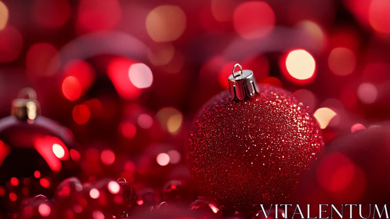 Red Christmas bauble amid glowing festive bokeh lights.
