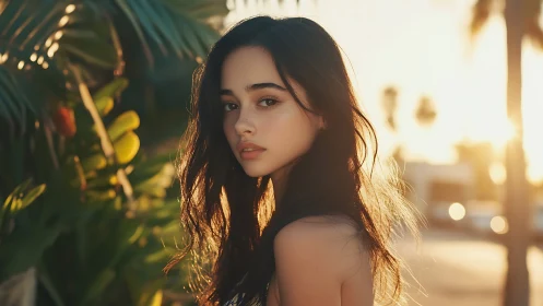 Young woman standing outdoors in warm golden sunset light
