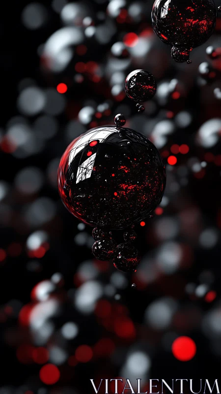 Glossy black spheres suspend over abstract red bokeh field