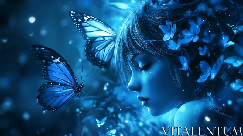 Luminous blue butterflies surround serene girl in moonlit glow