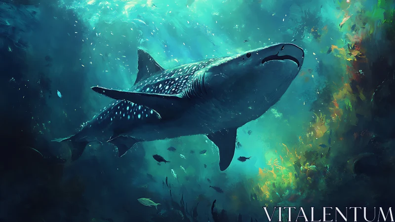 Whale shark glides through luminous teal reef depths.