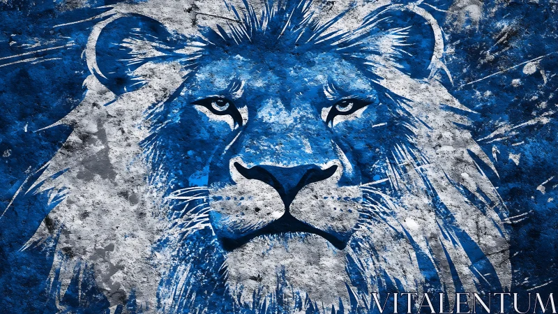 Textured blue and white lion portrait with rough spray-painted detailing