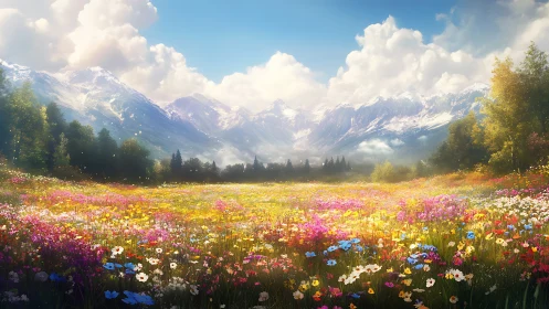 Wildflower meadow stretches toward sunlit alpine peaks