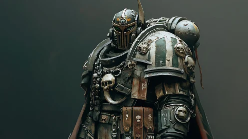 Weathered space knight in skull-marked armor stands watch.