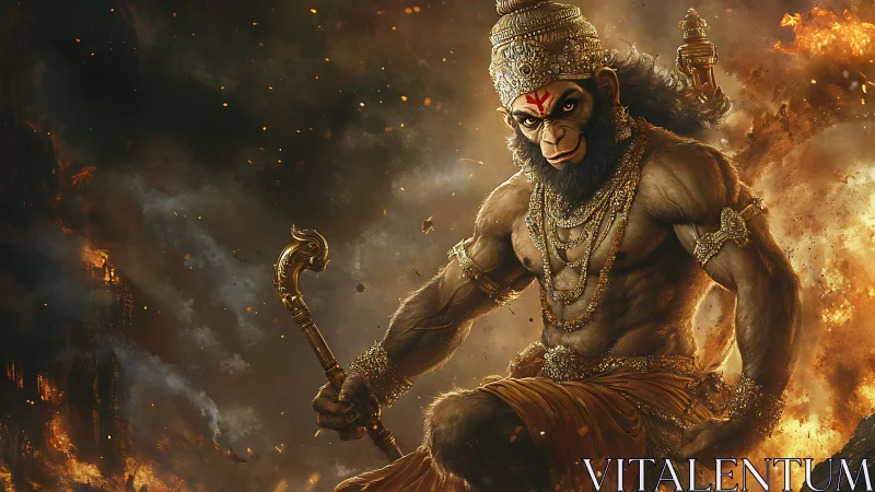 Fiery monkey warrior strides through swirling storm of gold.