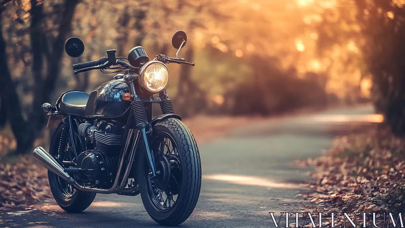 Vintage cafe racer motorcycle on forest lane at golden hour
