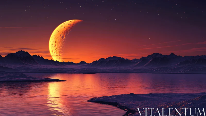 Moonrise glows warmly above tranquil alien mountain shores