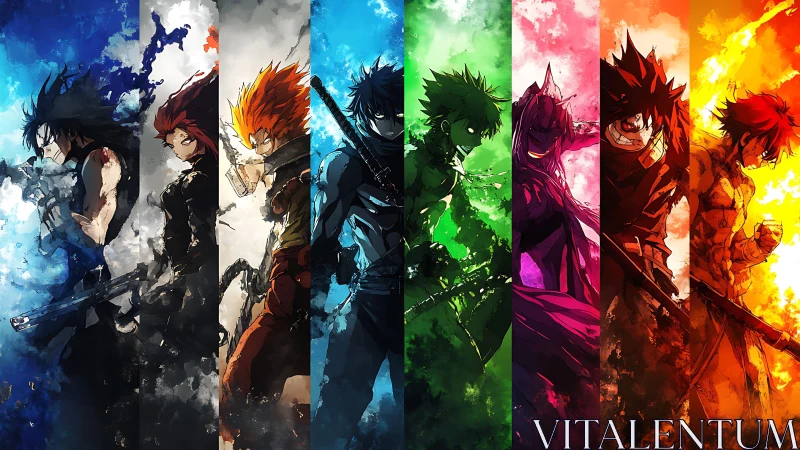 Vibrant anime heroes stand bold in a blazing color spectrum