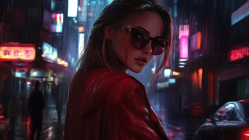 Neon-soaked woman in red coat under rain-slicked city lights.
