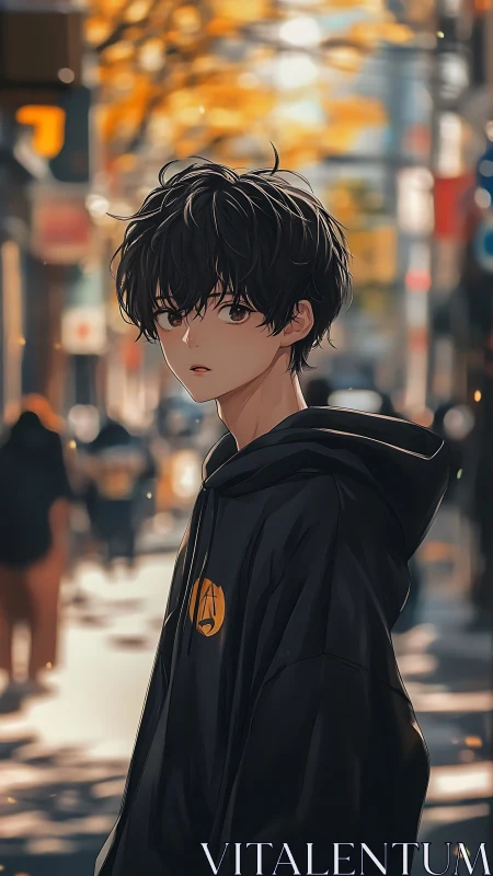 Autumn city wanderer boy bathed in soft anime sunlight.