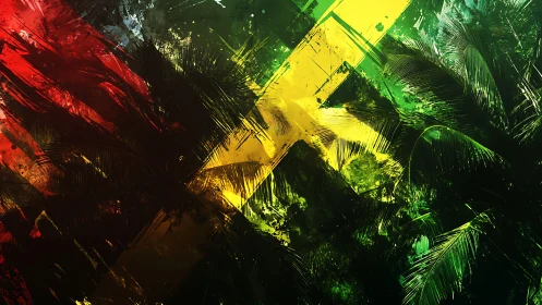 Rasta-hued diagonal abstraction with tropical palm overlays.