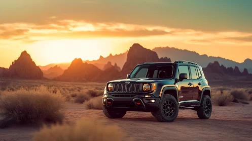 Off-road SUV rendered against cinematic desert sunset light