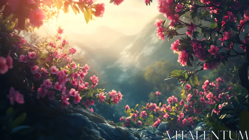 Sunlit mountain valley framed by vivid pink blossoms.