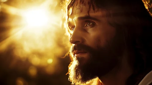 Radiant bearded man gazes into warm golden sunlight contemplatively.