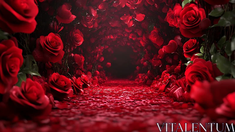 Red Rose Tunnel Pathway with Scattered Petals
