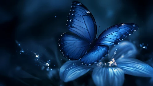 Blue butterfly rests on glowing petal in deep moonlit haze.