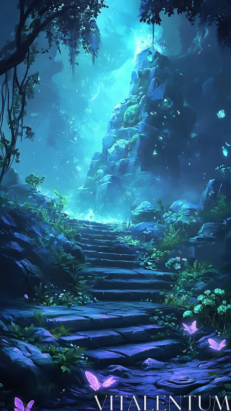 Glowing stone stairway leading into a blue mystical cavern.