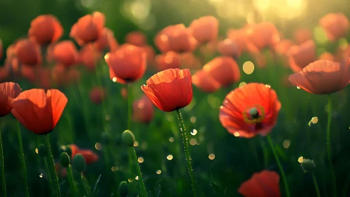 Red Poppies in Sunlight. Morning Bokeh Garden.