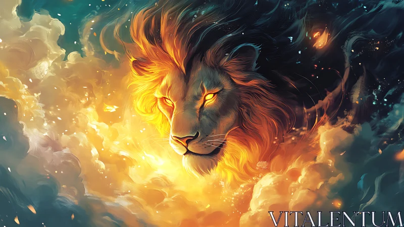 Solar-maned lion drifts through nebula clouds of molten dawn