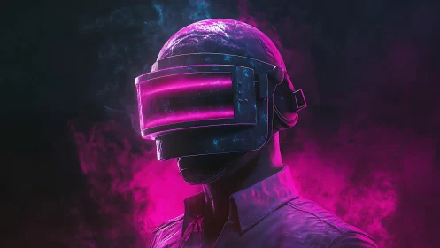 Cybernetic visor helmet portrait in magenta neon haze