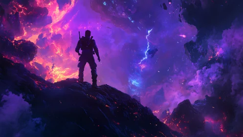 Armored explorer facing erupting cosmic nebula vortex