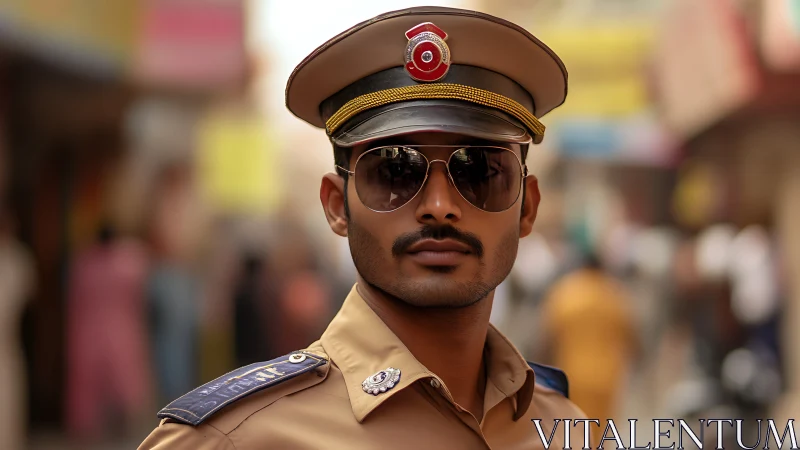 Confident traffic officer stands watch in a busy street market.