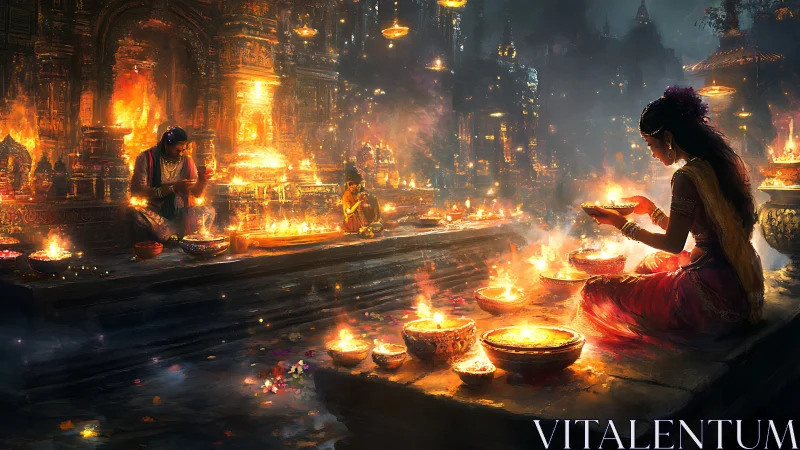 Women light ritual oil lamps inside glowing temple courtyard